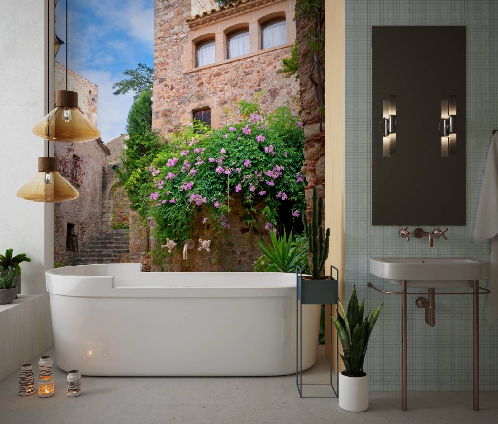 Fototapet stradă veche pietruită înconjurată de verdeață și flori