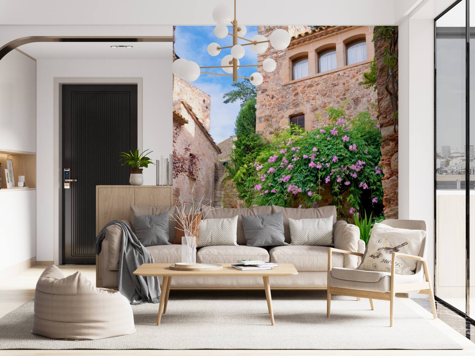 Fototapet stradă veche pietruită înconjurată de verdeață și flori