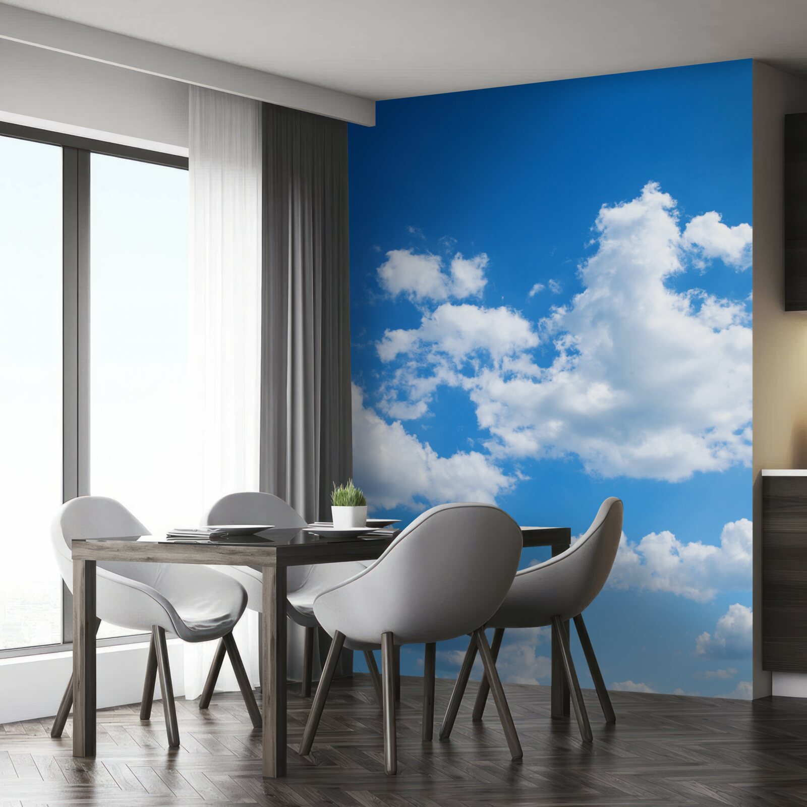 Fototapet nori albi ca zăpada plutesc pe cerul albastru