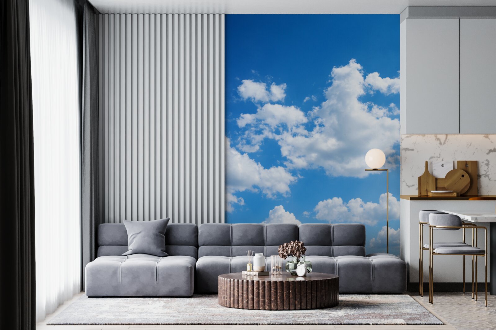 Fototapet nori albi ca zăpada plutesc pe cerul albastru