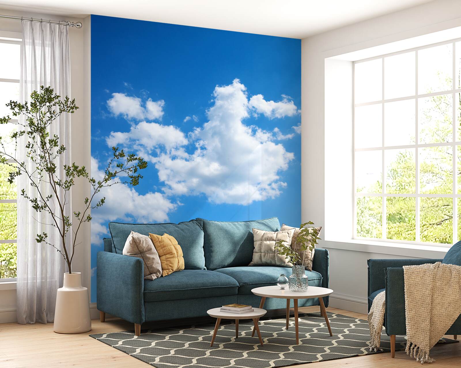 Fototapet nori albi ca zăpada plutesc pe cerul albastru