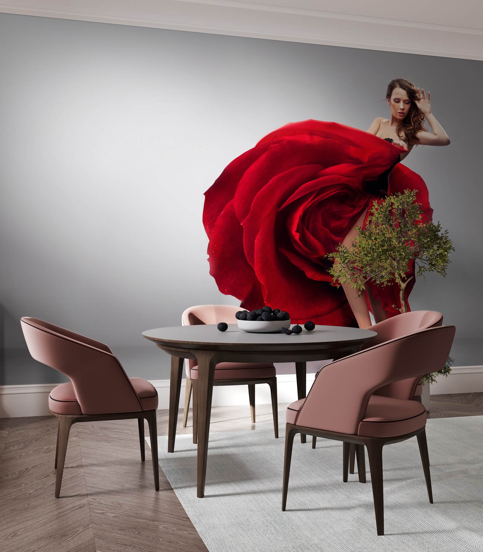 Fototapet fată într-o rochie roșie care seamănă cu trandafiri