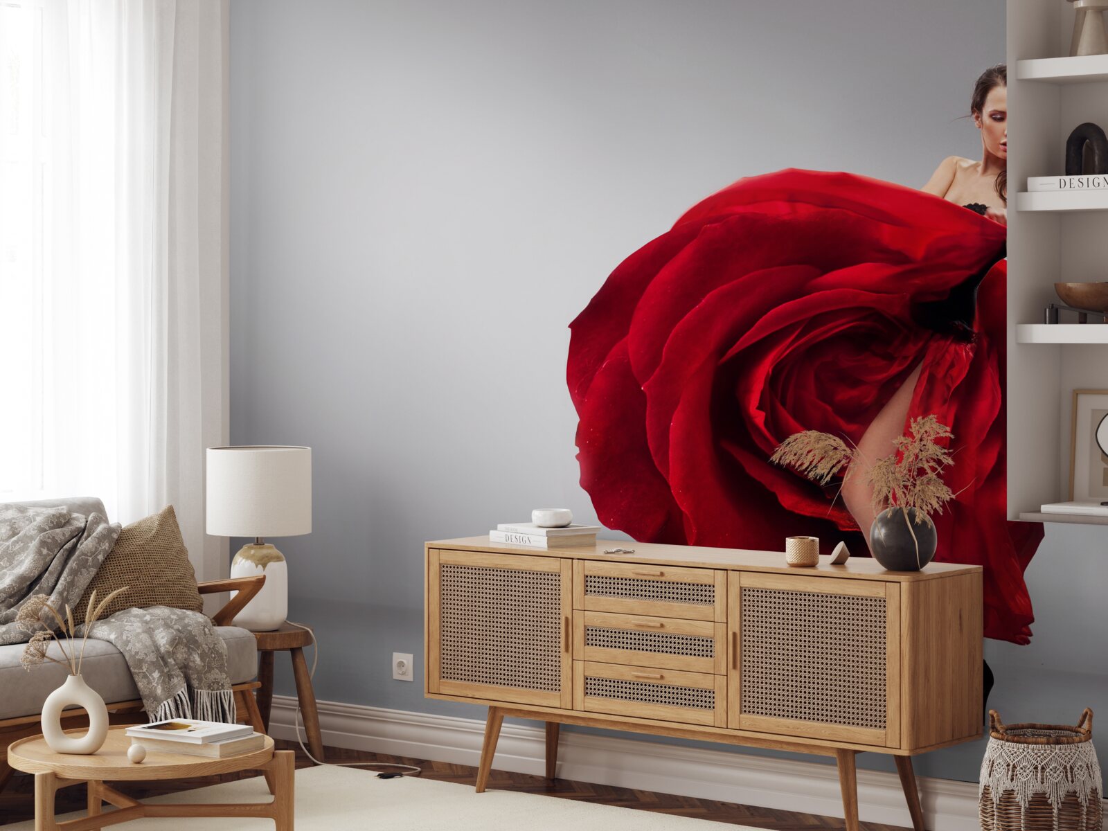 Fototapet fată într-o rochie roșie care seamănă cu trandafiri