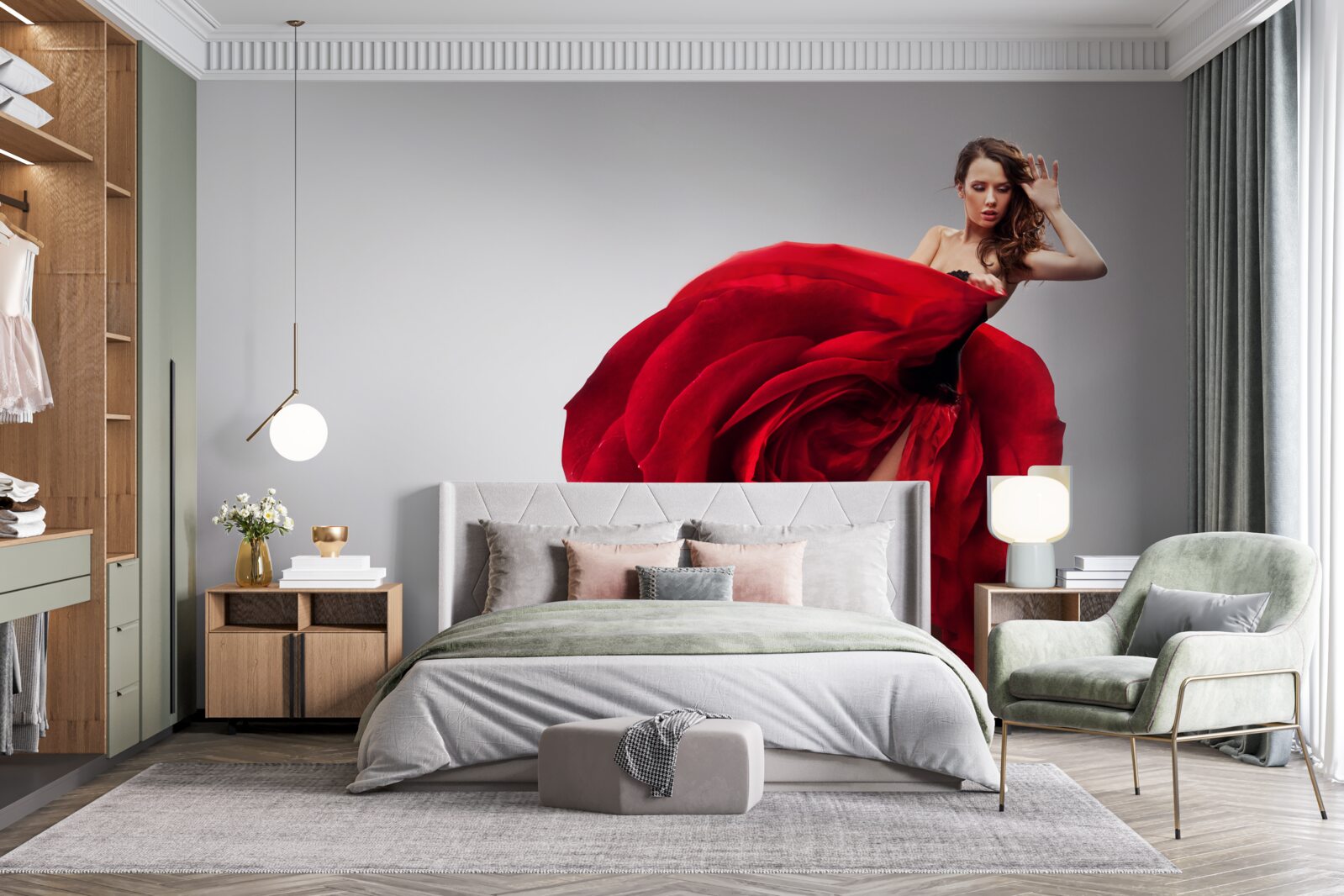 Fototapet fată într-o rochie roșie care seamănă cu trandafiri