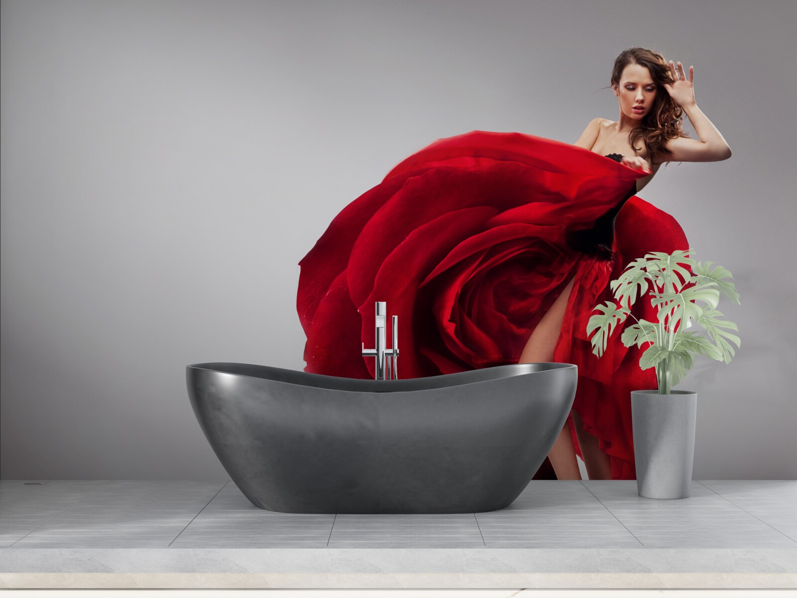 Fototapet fată într-o rochie roșie care seamănă cu trandafiri