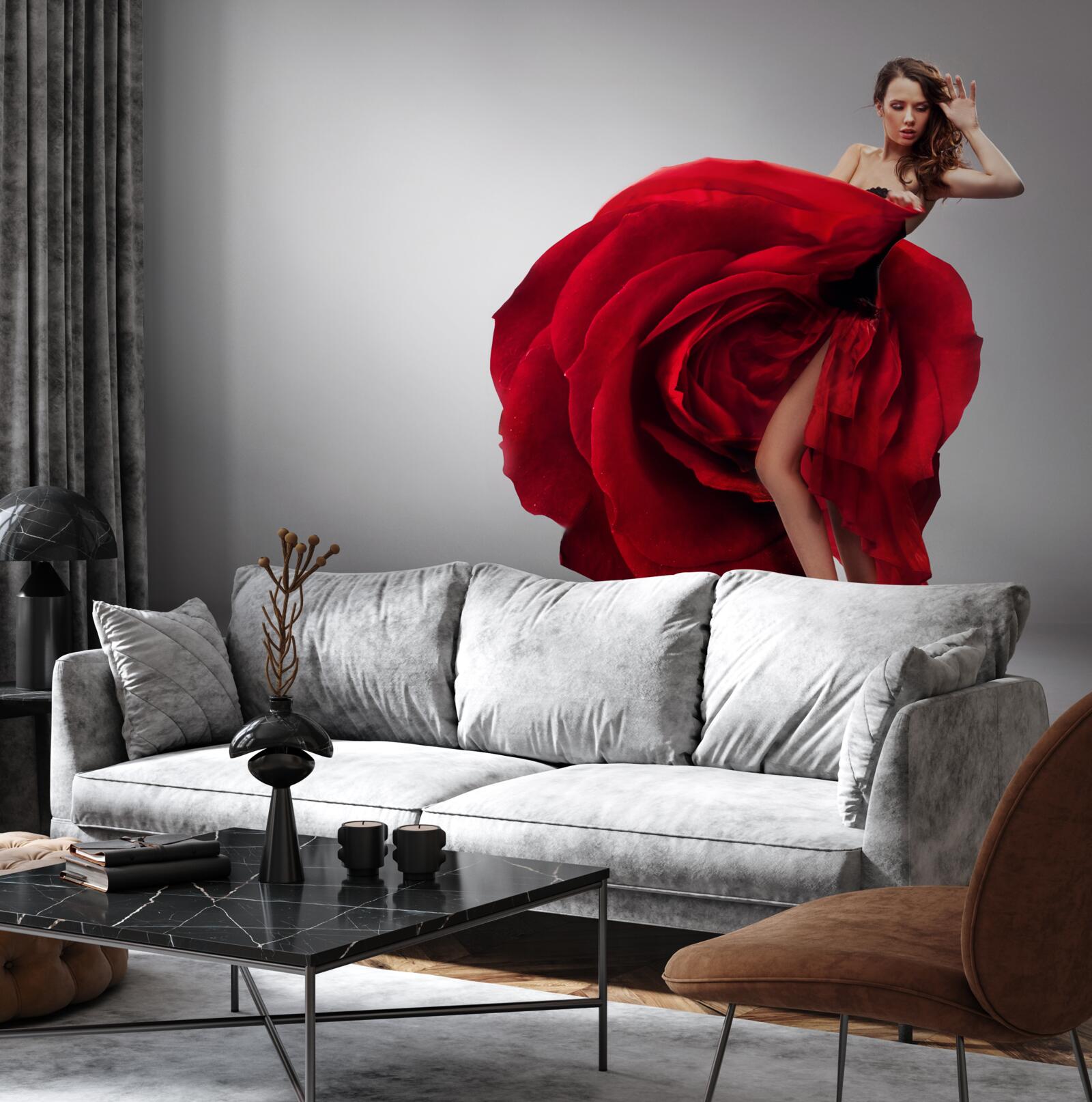 Fototapet fată într-o rochie roșie care seamănă cu trandafiri