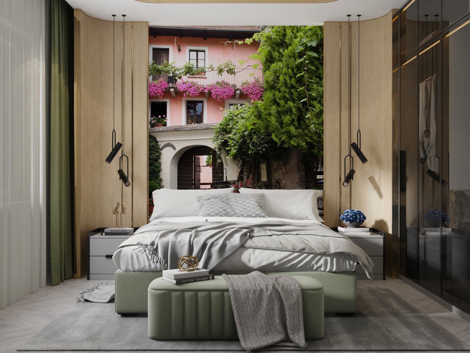 Fototapet vegetație cu flori lângă scări