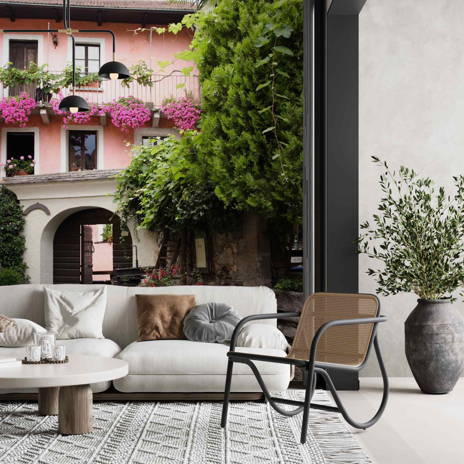 Fototapet vegetație cu flori lângă scări