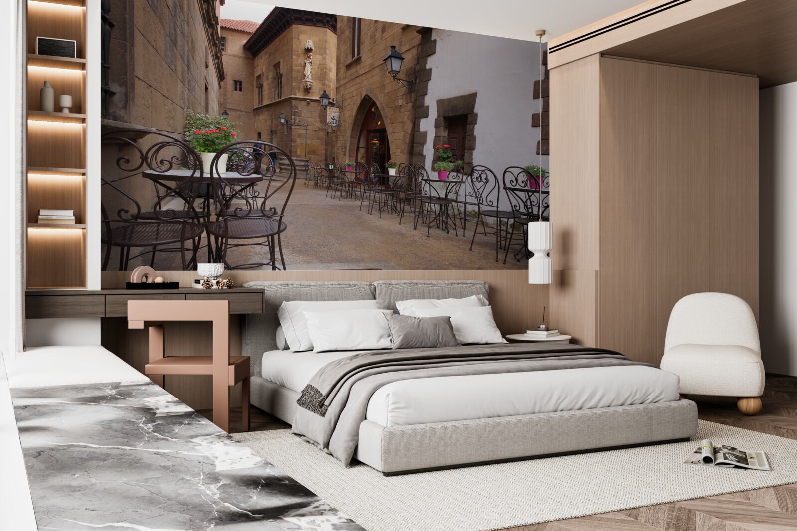 Fototapet mese pe o stradă îngustă