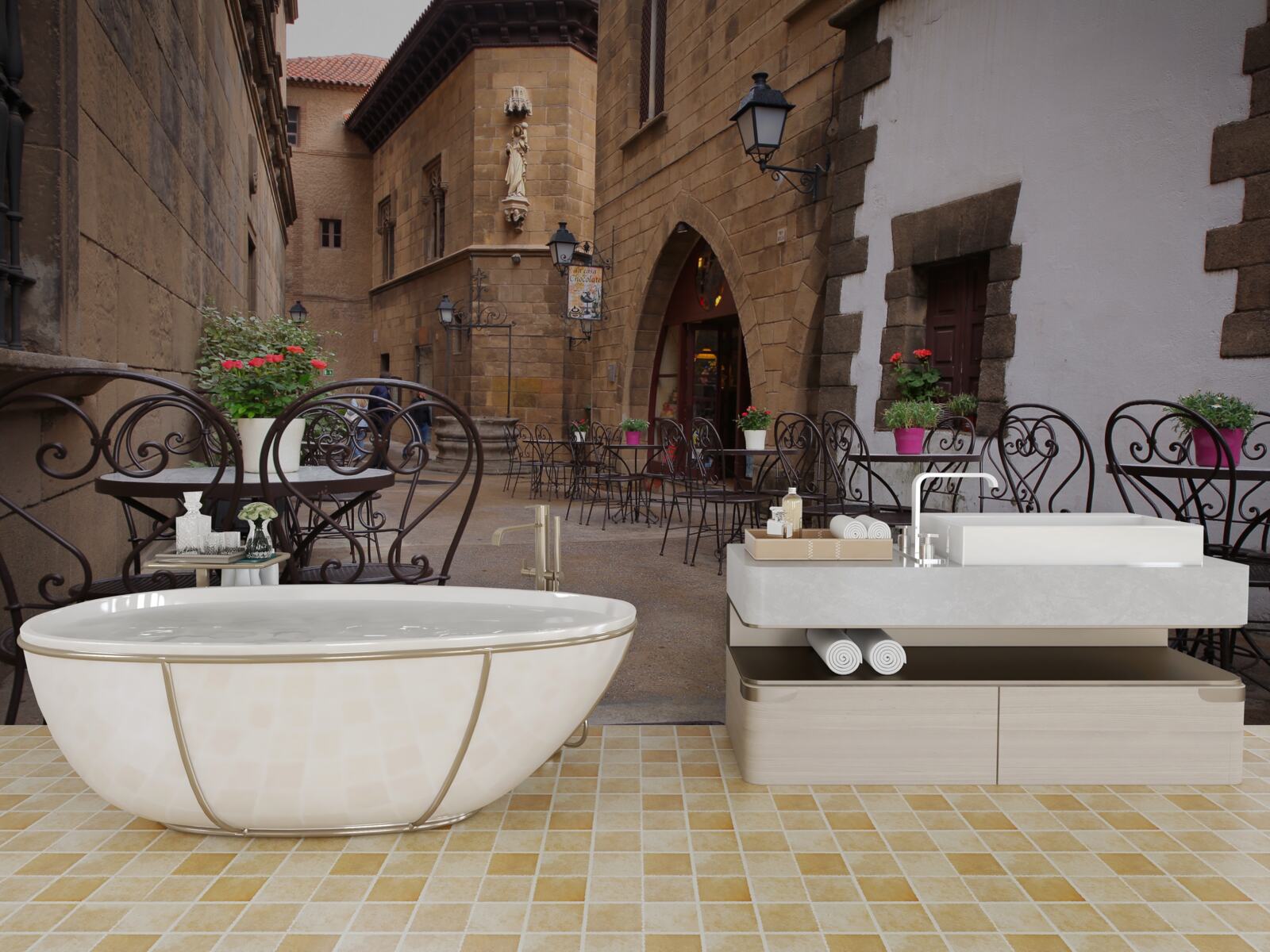 Fototapet mese pe o stradă îngustă