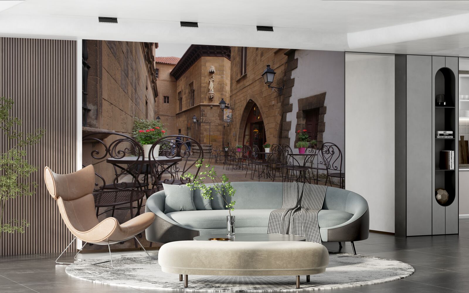 Fototapet mese pe o stradă îngustă