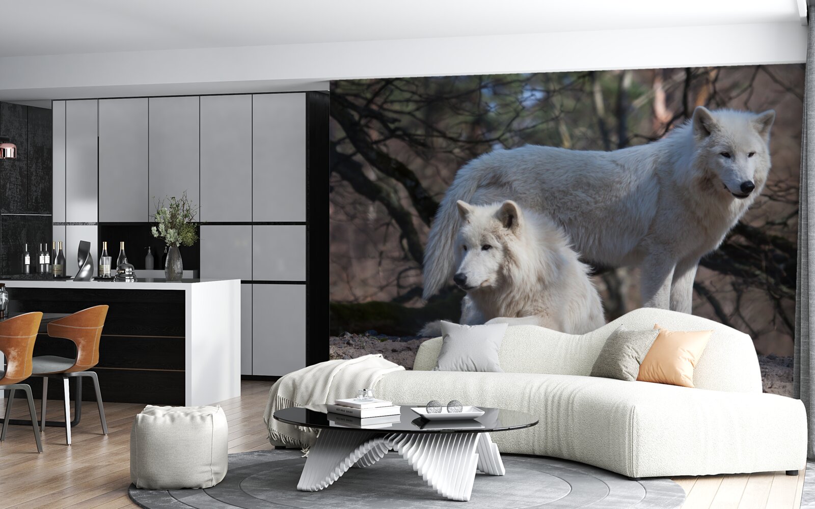 Fototapet lupii devin albi într-o pădure acoperită cu frunze căzute