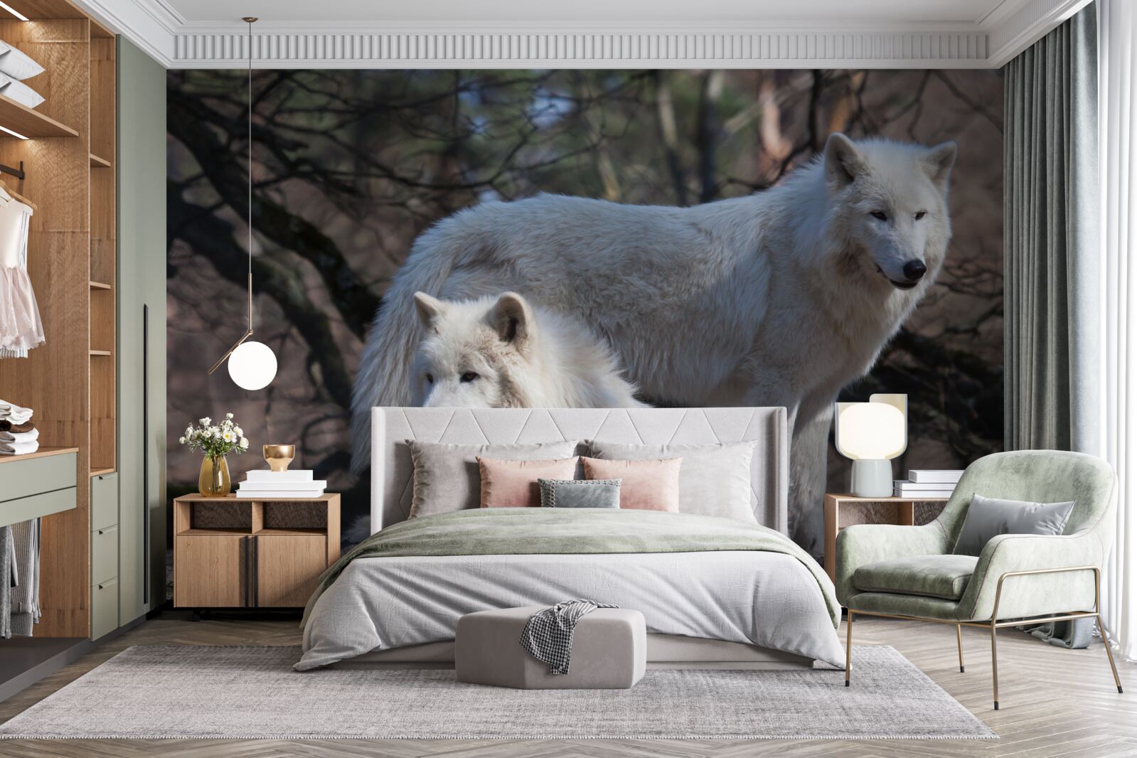 Fototapet lupii devin albi într-o pădure acoperită cu frunze căzute