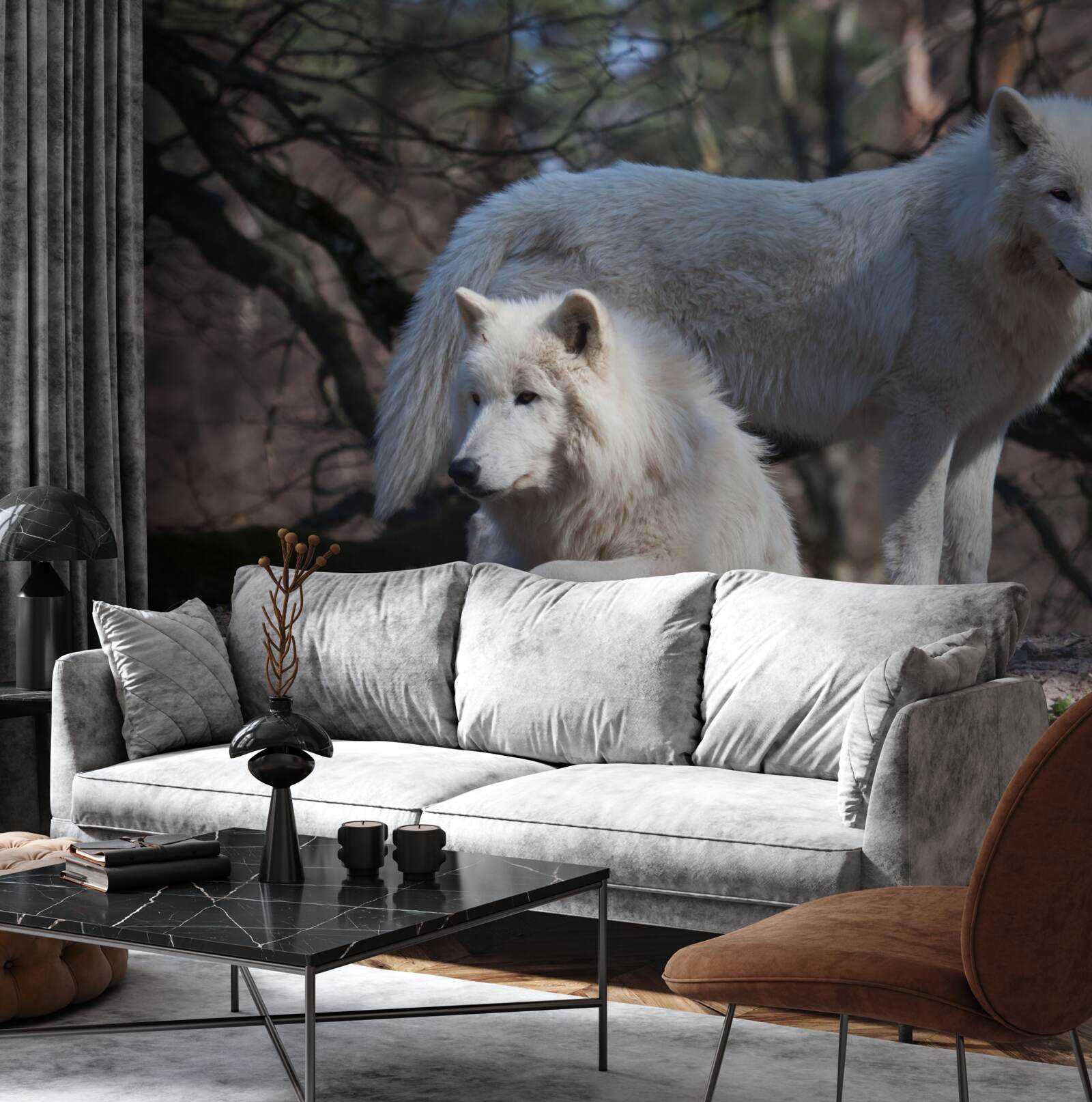 Fototapet lupii devin albi într-o pădure acoperită cu frunze căzute