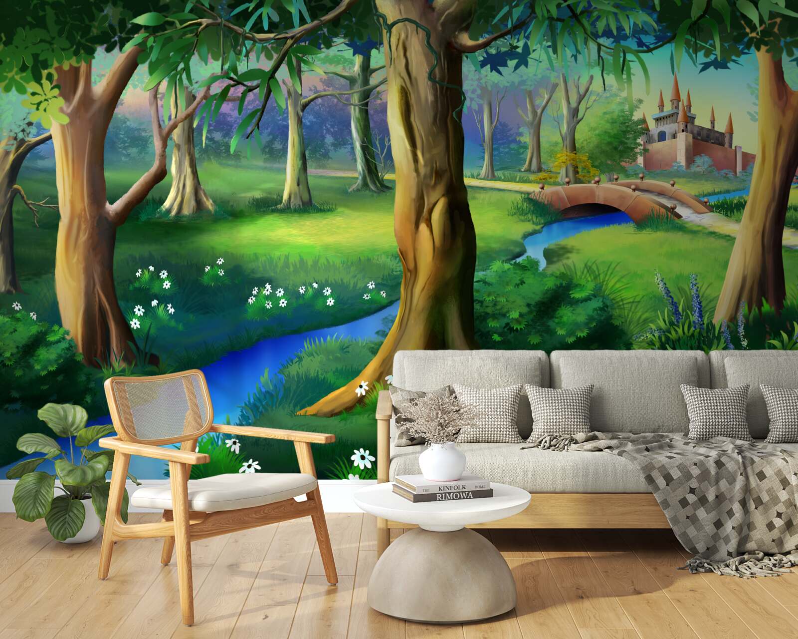 Fototapet copaci subțiri care urcă în sus și un râu pe o pajiște