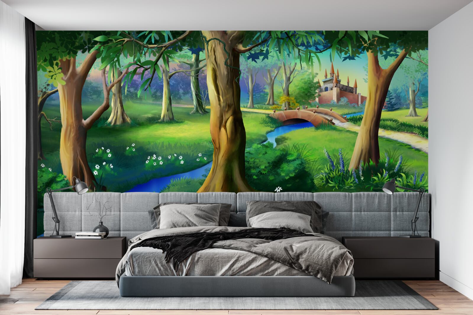 Fototapet copaci subțiri care urcă în sus și un râu pe o pajiște