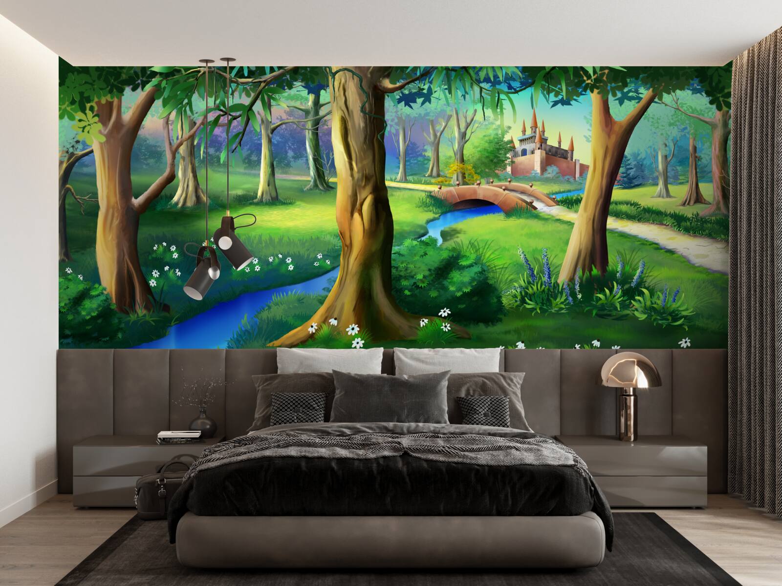 Fototapet copaci subțiri care urcă în sus și un râu pe o pajiște