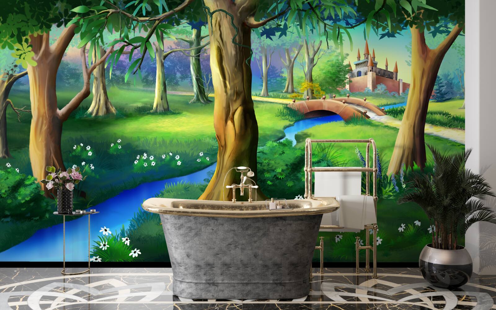 Fototapet copaci subțiri care urcă în sus și un râu pe o pajiște