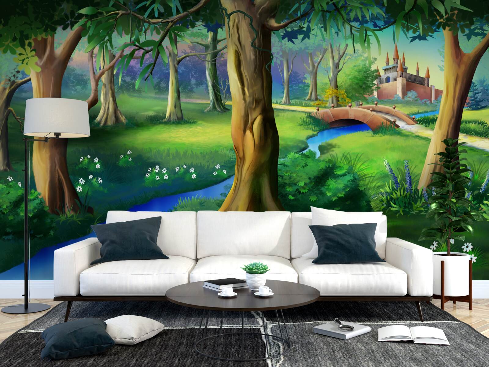 Fototapet copaci subțiri care urcă în sus și un râu pe o pajiște