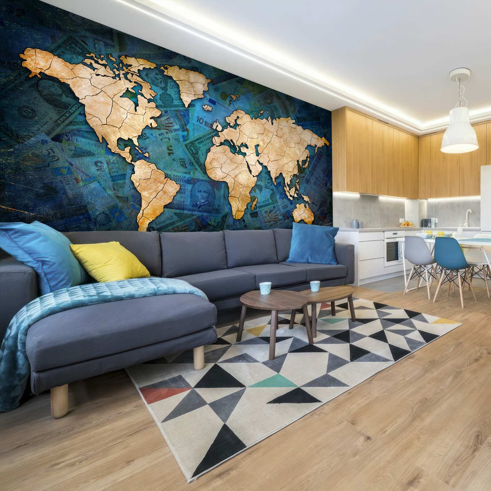 Fototapet harta lumii galben pe fundal albastru de apă