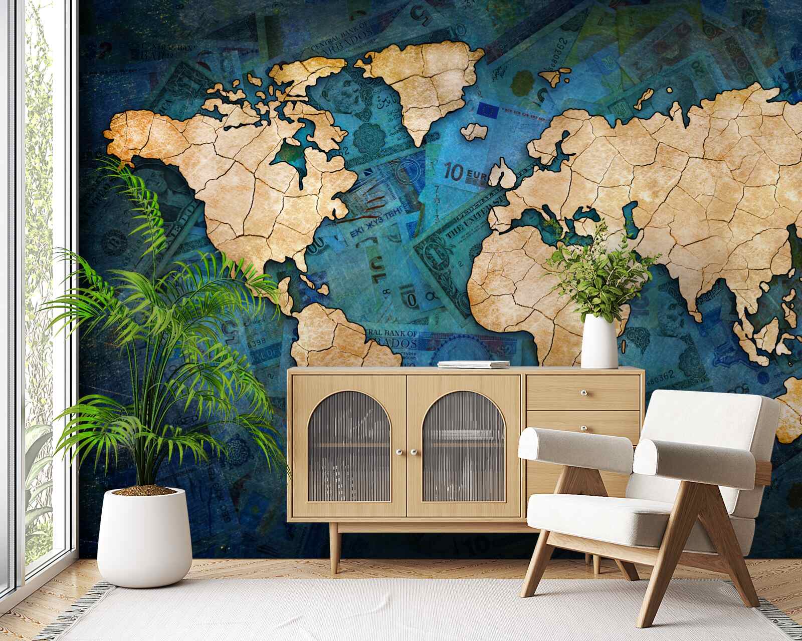 Fototapet harta lumii galben pe fundal albastru de apă