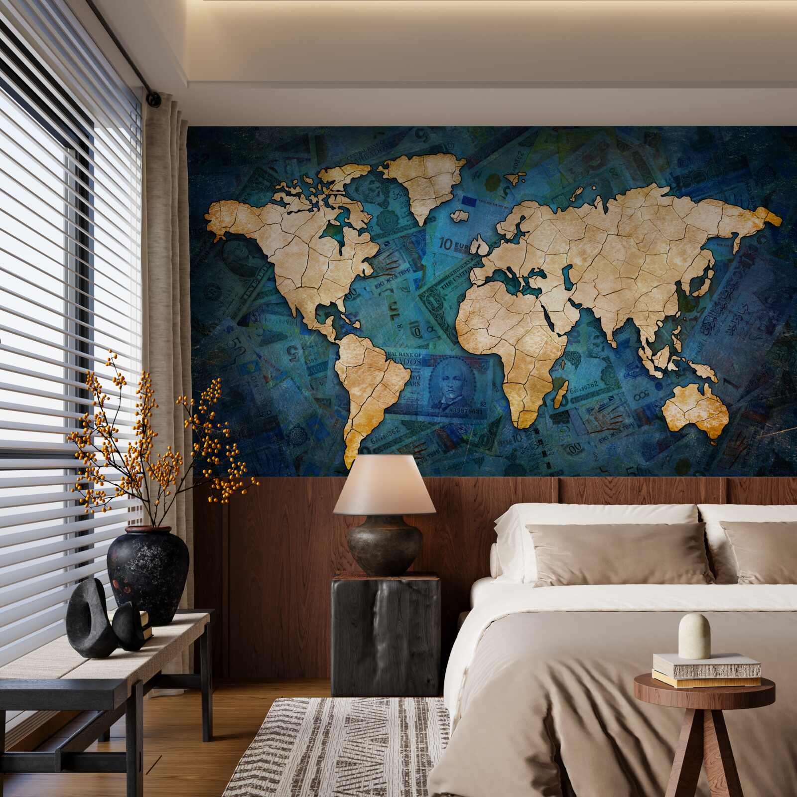 Fototapet harta lumii galben pe fundal albastru de apă