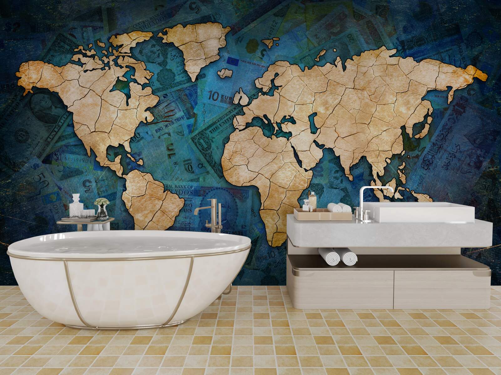 Fototapet harta lumii galben pe fundal albastru de apă