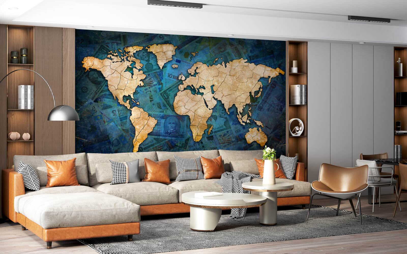 Fototapet harta lumii galben pe fundal albastru de apă