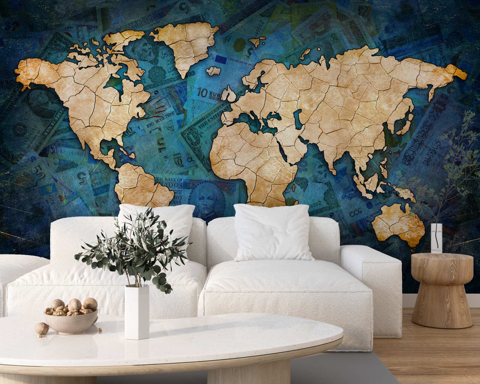 Fototapet harta lumii galben pe fundal albastru de apă