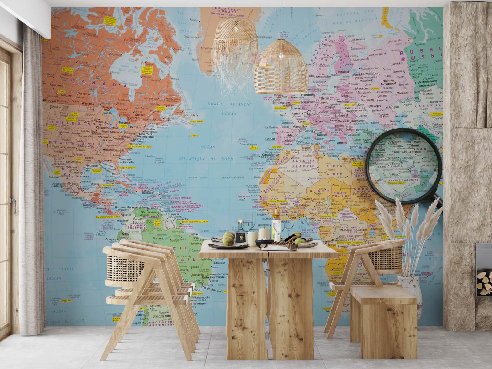 Fototapet lupă pe o hartă colorată a lumii