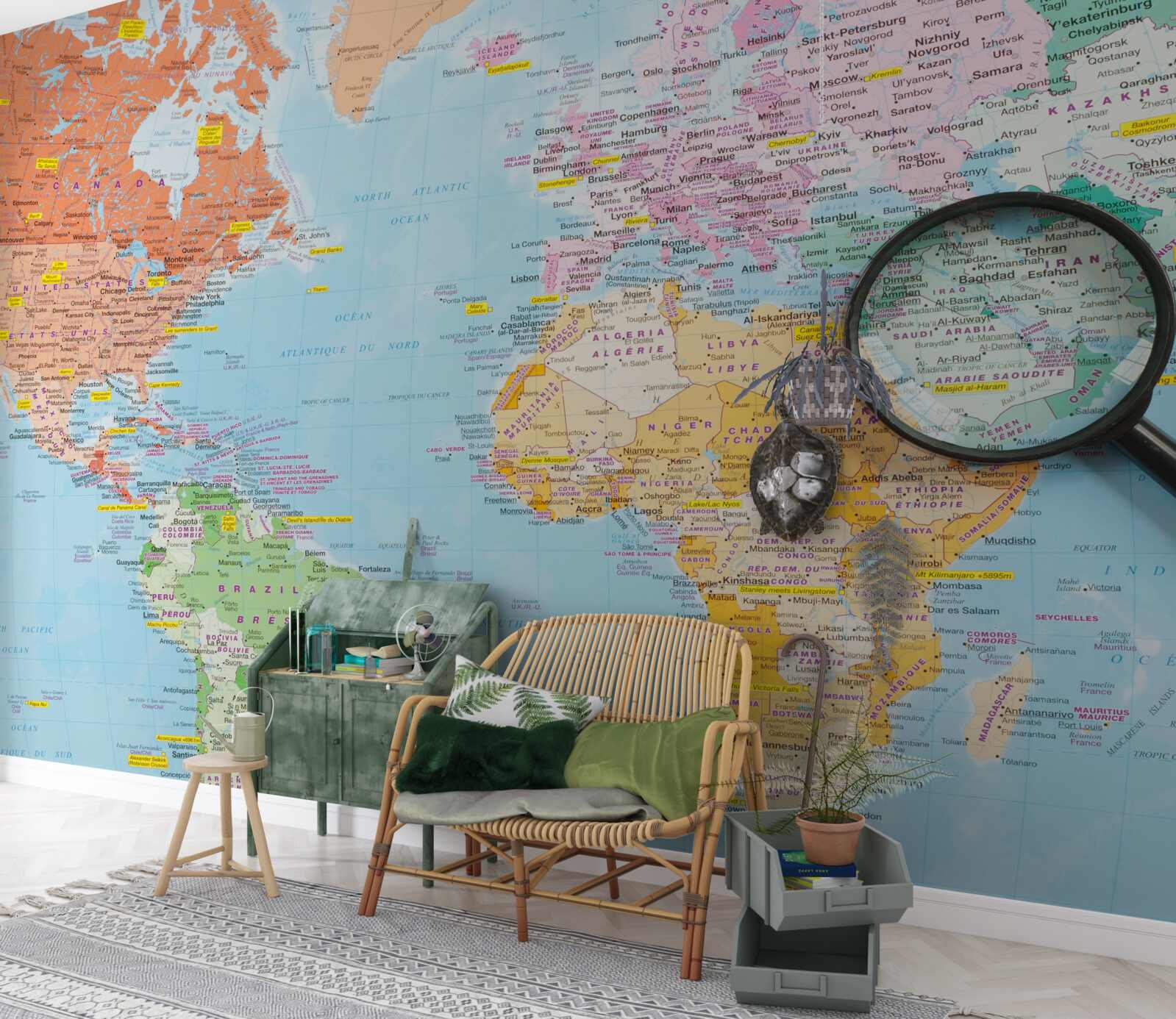 Fototapet lupă pe o hartă colorată a lumii