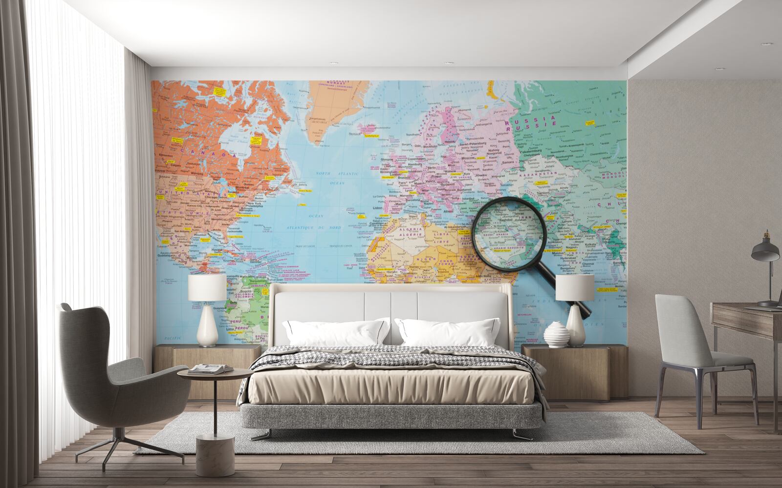 Fototapet lupă pe o hartă colorată a lumii