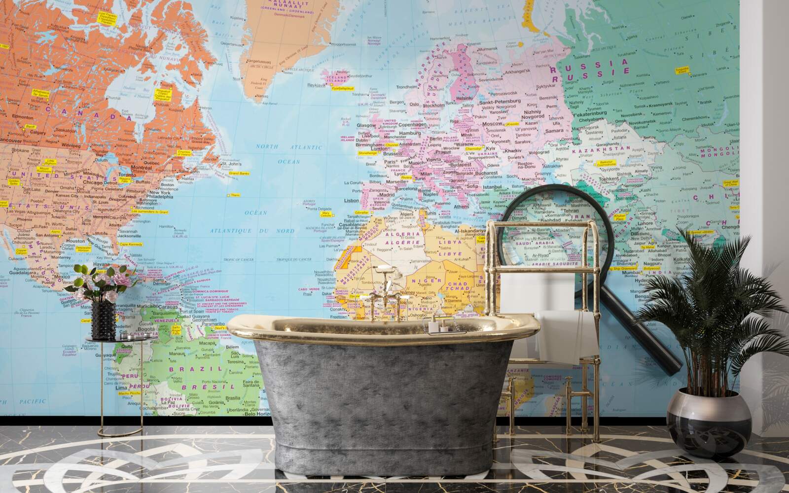 Fototapet lupă pe o hartă colorată a lumii