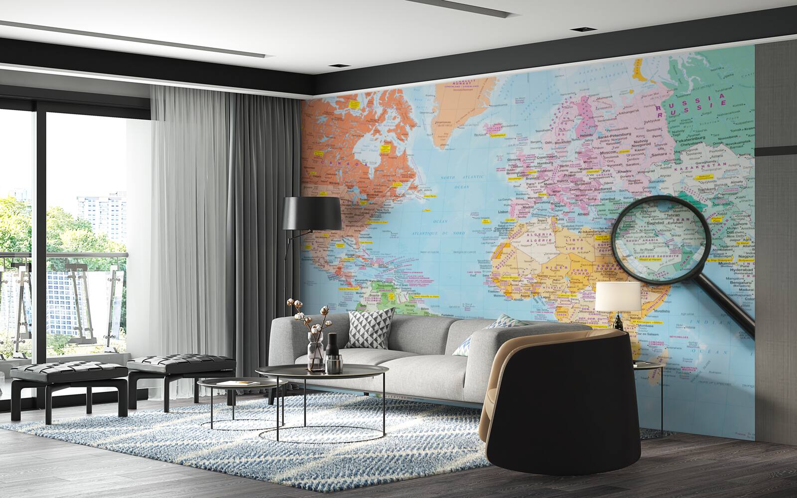 Fototapet lupă pe o hartă colorată a lumii