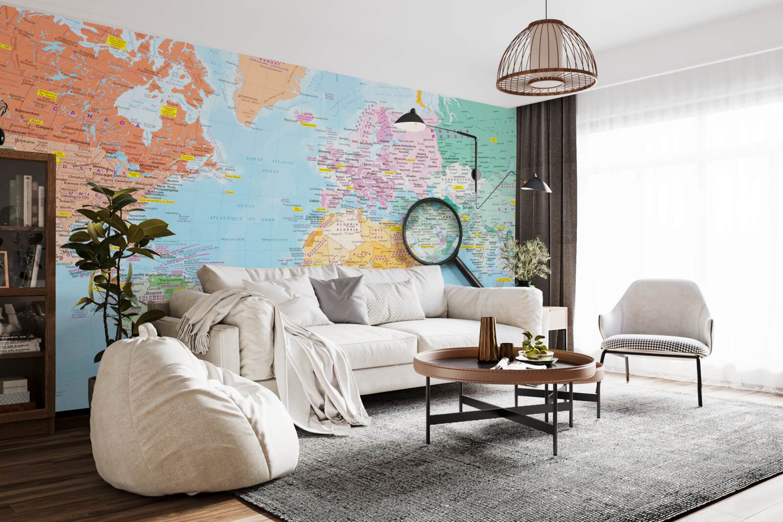 Fototapet lupă pe o hartă colorată a lumii