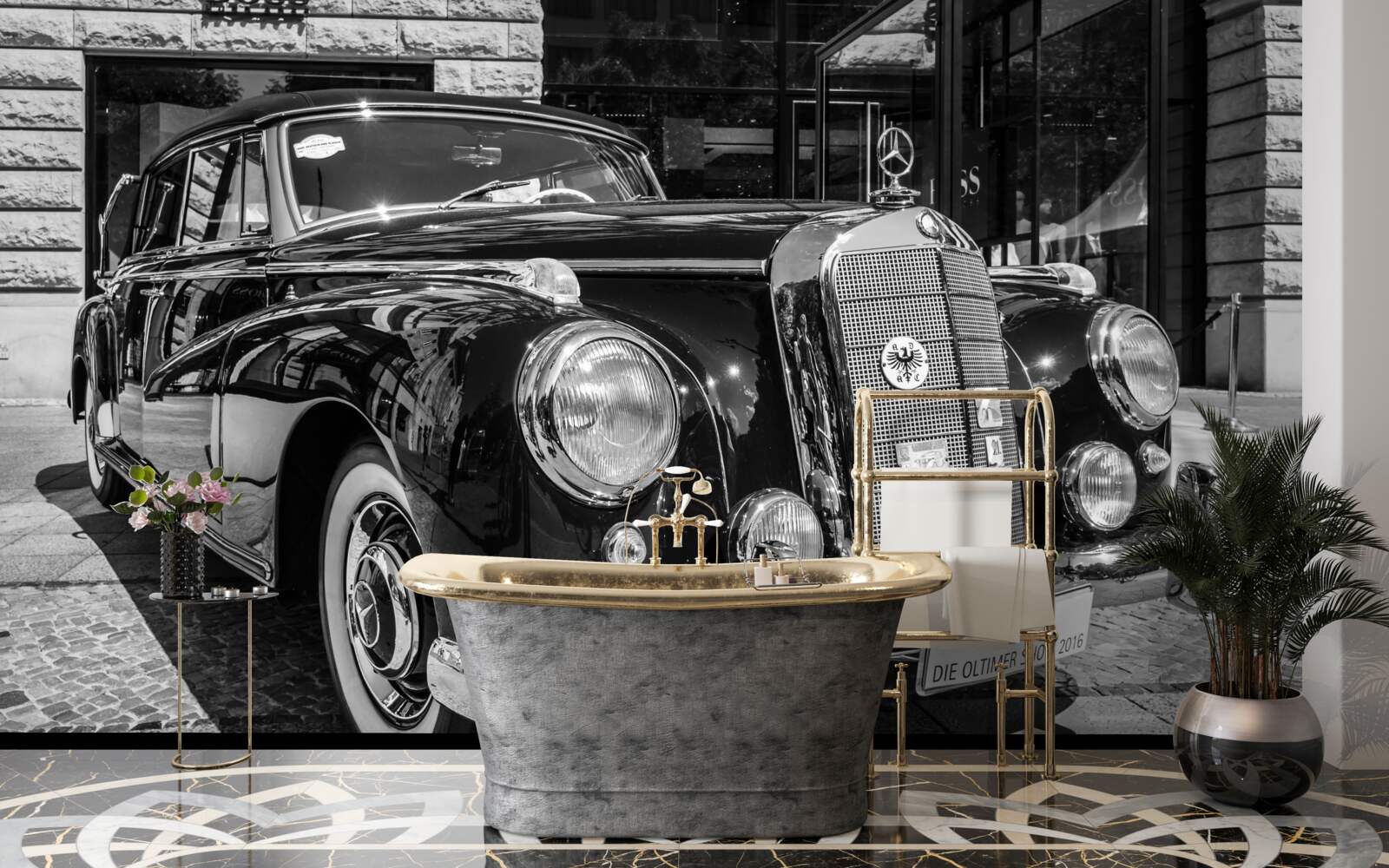 Fototapet mașină retro în alb și negru