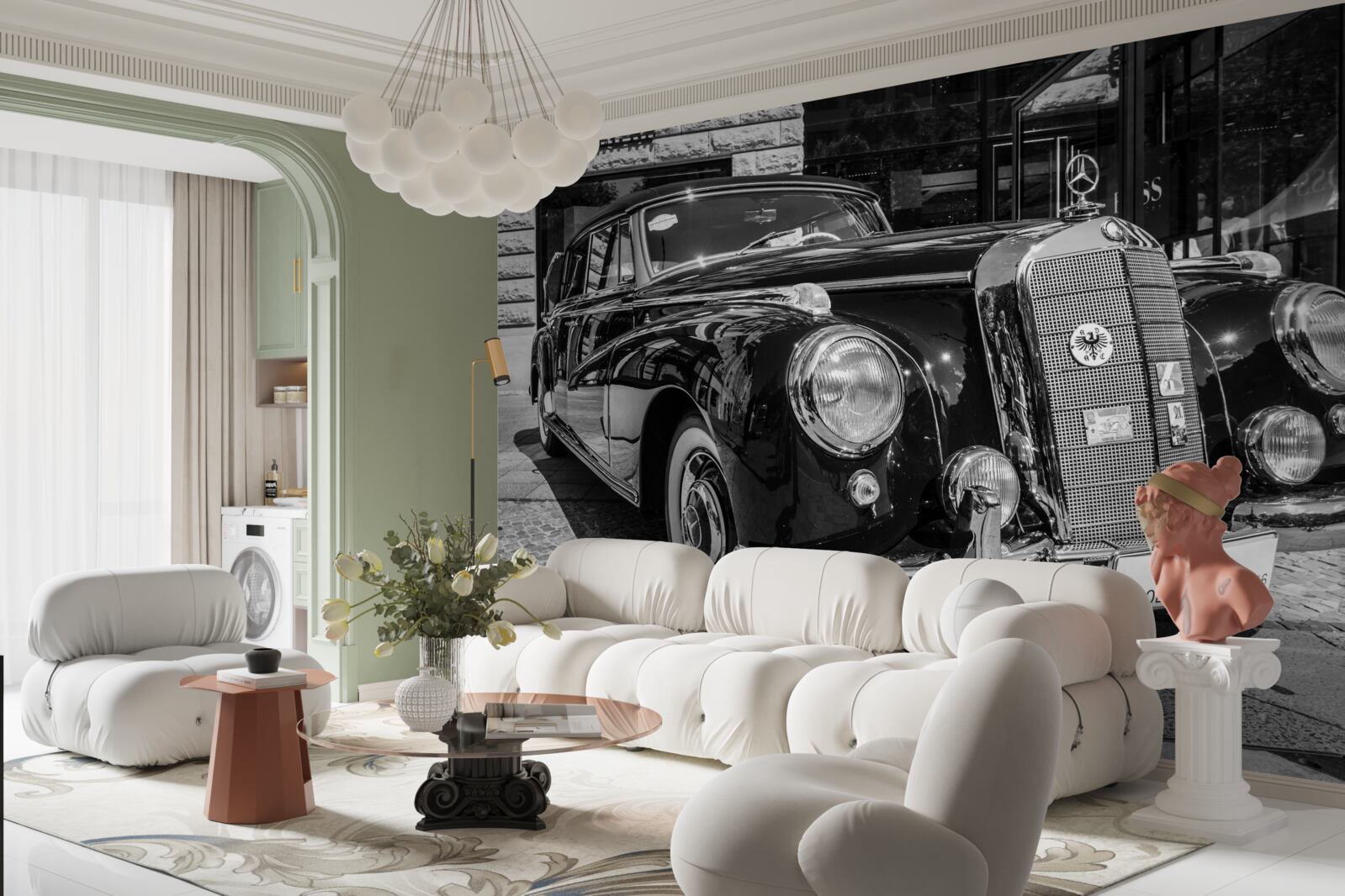Fototapet mașină retro în alb și negru