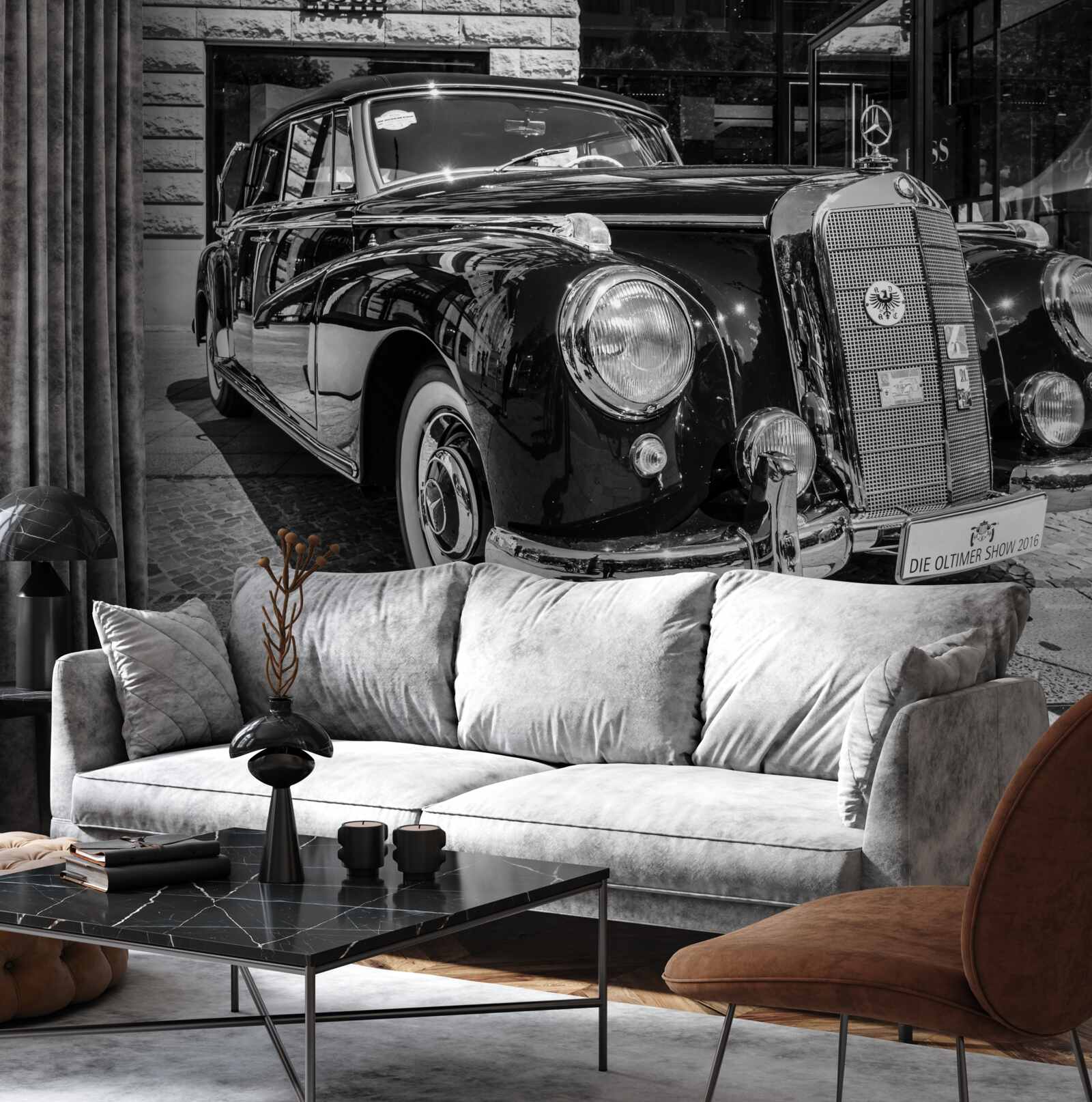 Fototapet mașină retro în alb și negru