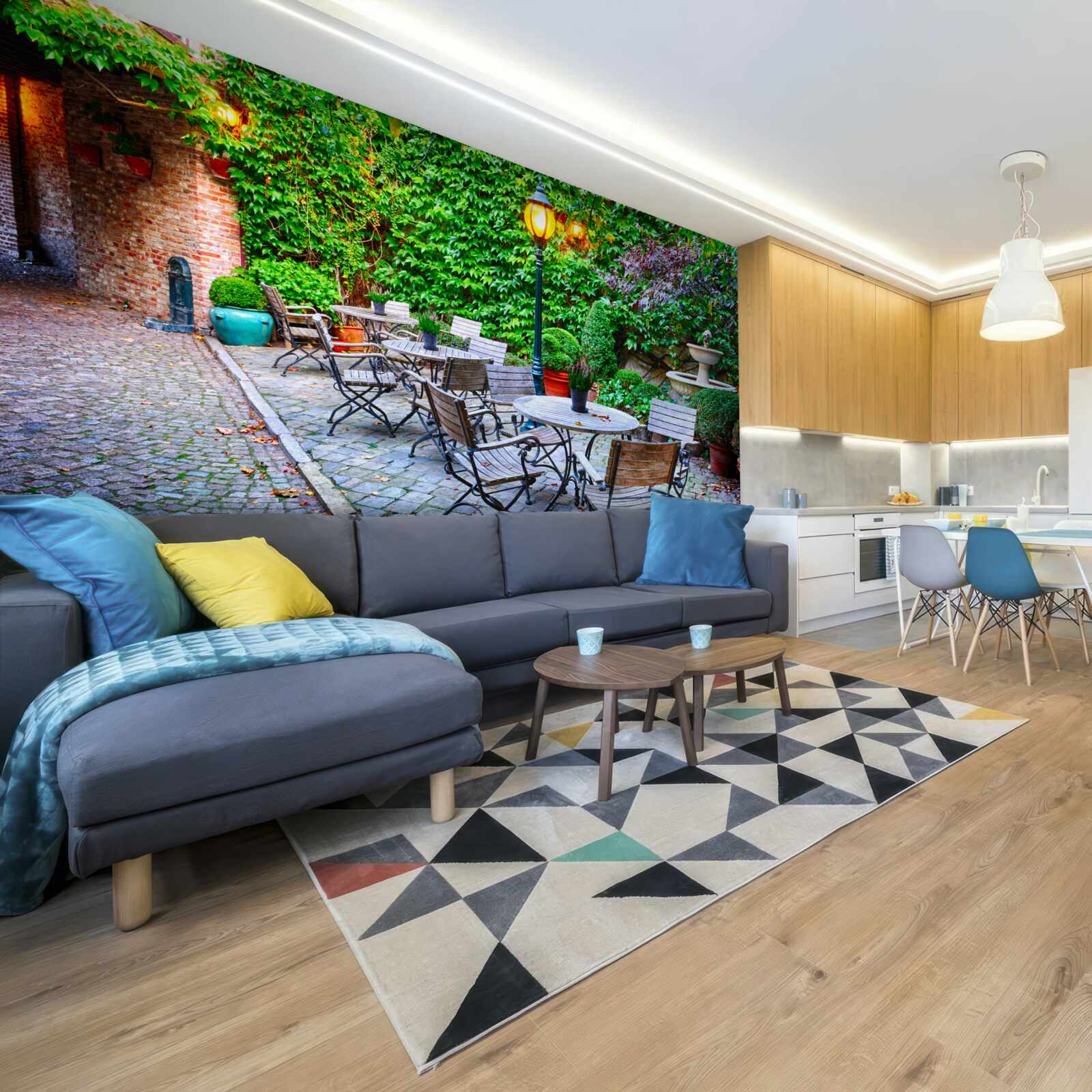 Fototapet plantă cu perete verde și lampă de stradă