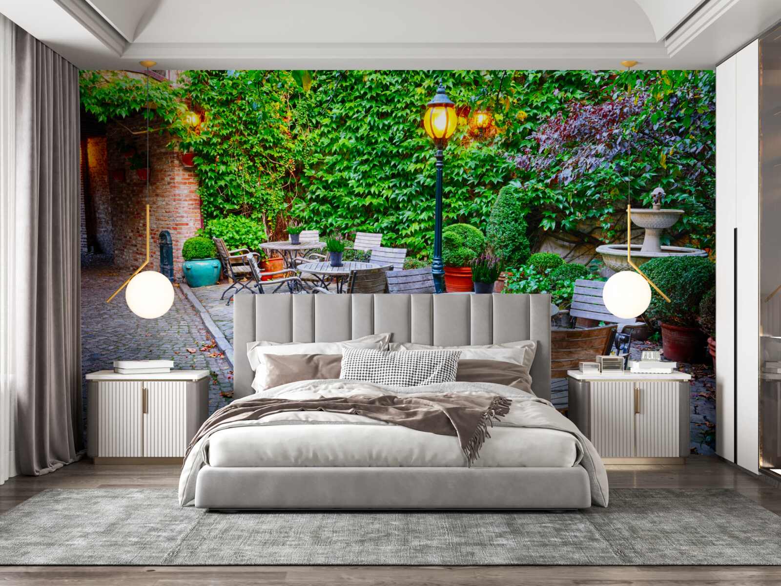 Fototapet plantă cu perete verde și lampă de stradă