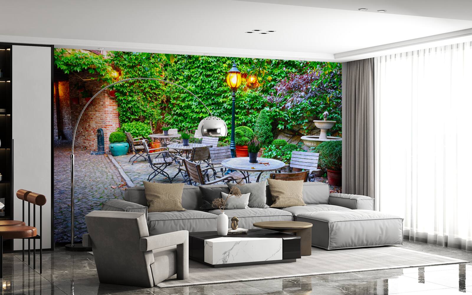 Fototapet plantă cu perete verde și lampă de stradă