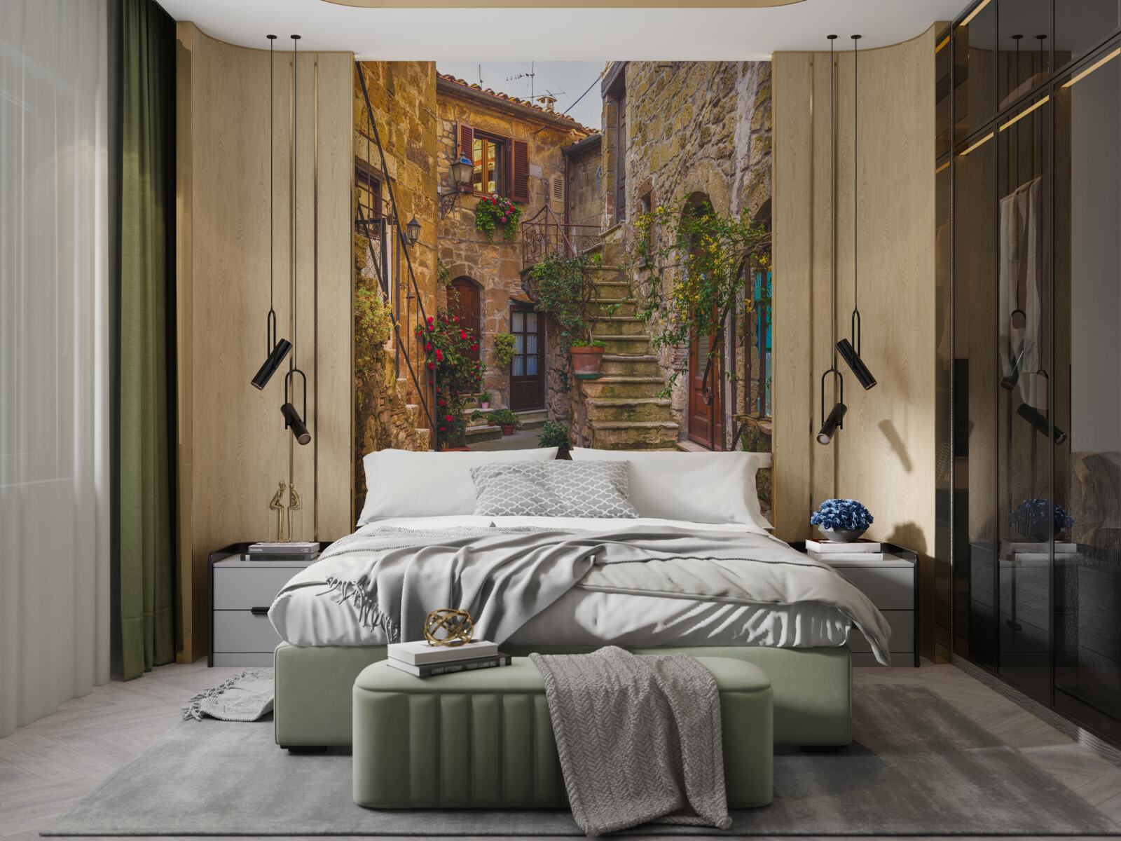 Fototapet scara decorată cu flori din curtea veche