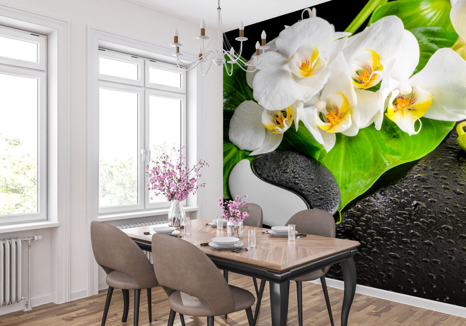 Fototapet lotus alb pe o stâncă întunecată