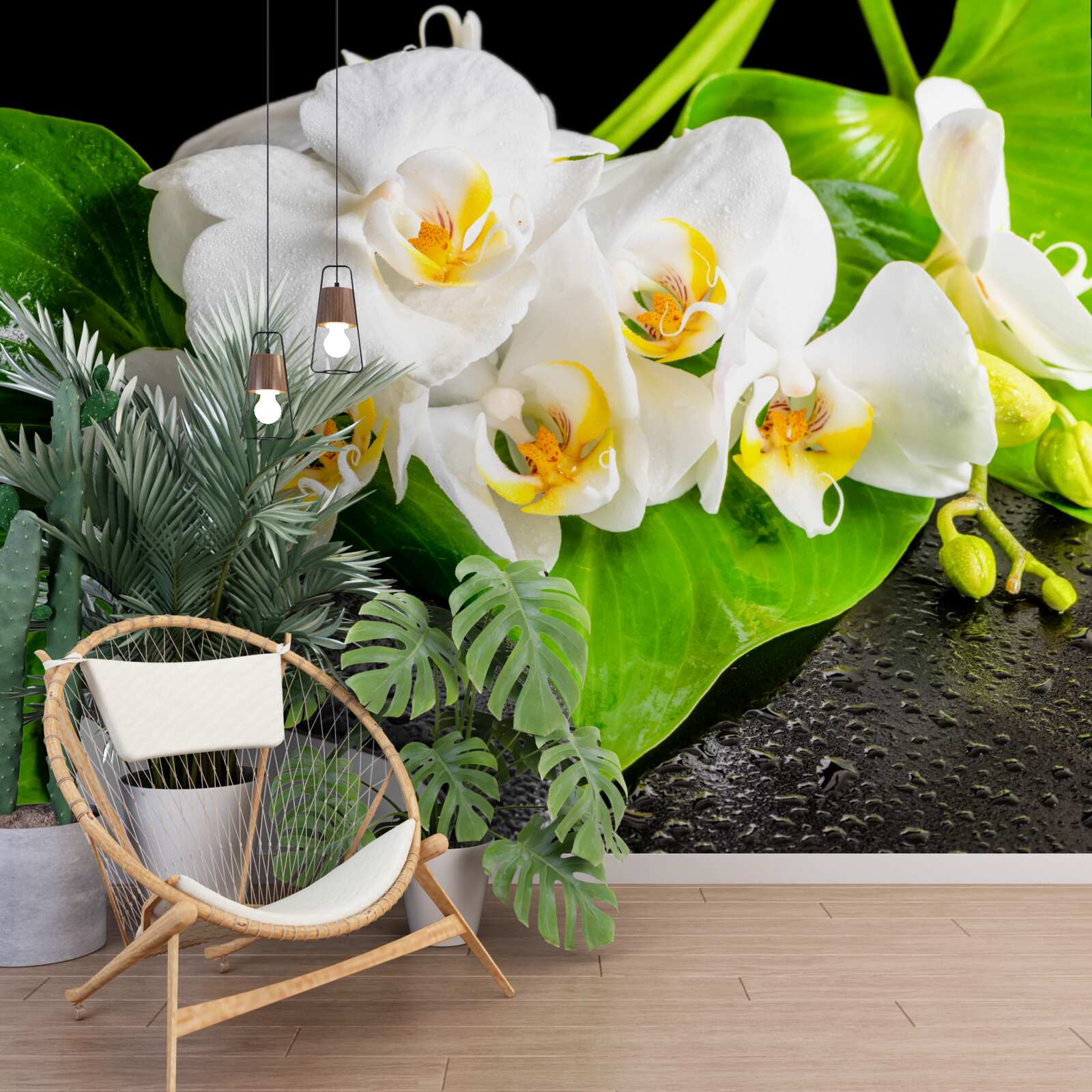 Fototapet lotus alb pe o stâncă întunecată