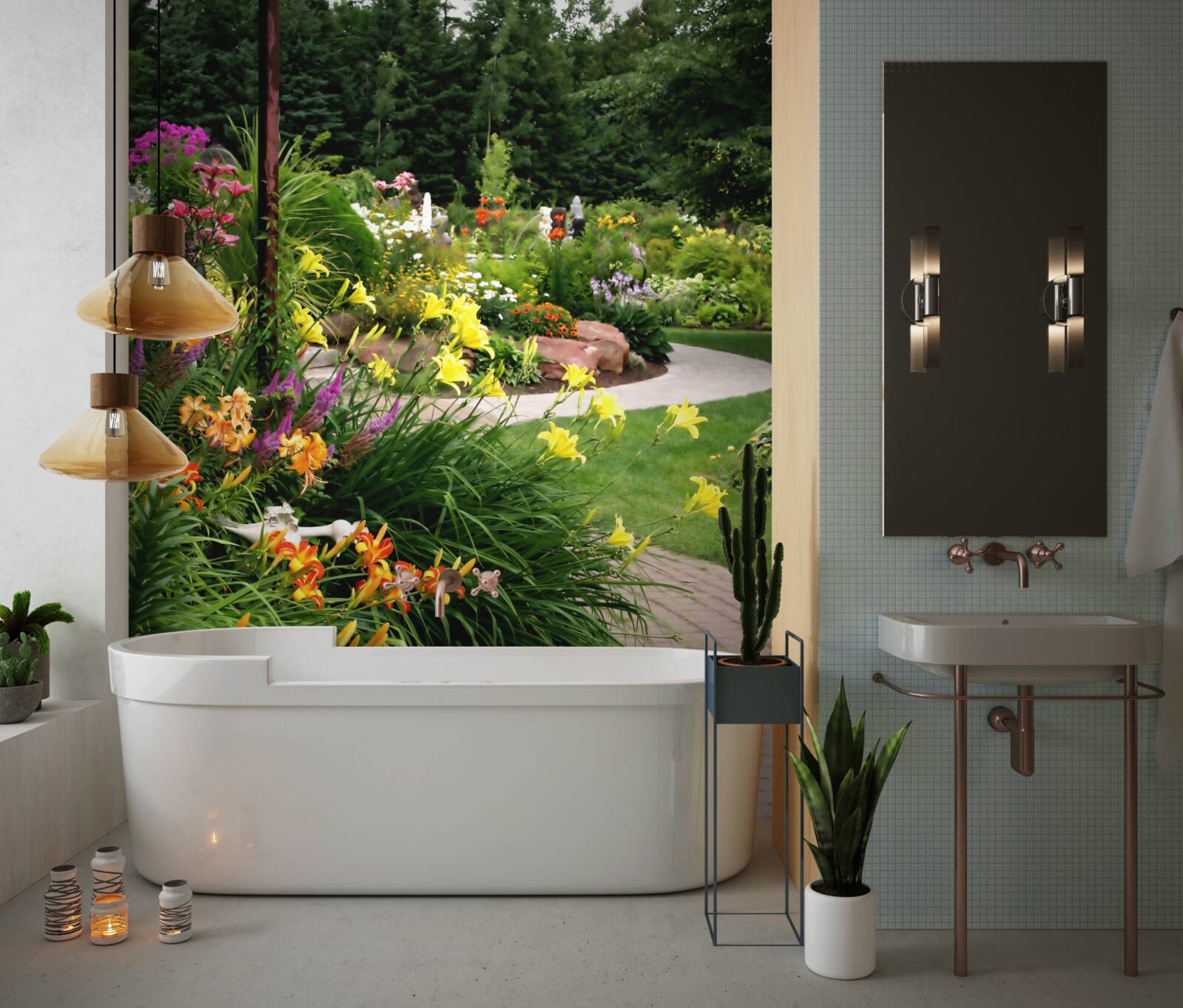 Fototapet cale lângă tufișuri de vară luxuriante cu flori