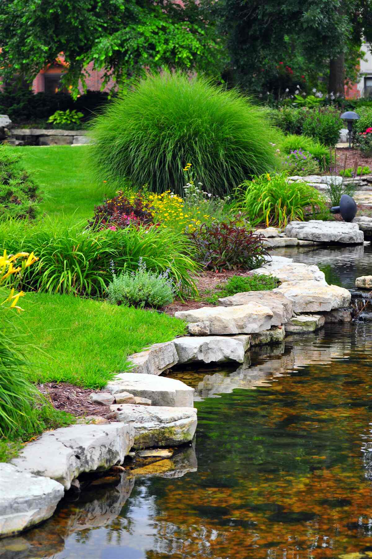 Fototapet flori lângă un iaz în grădină