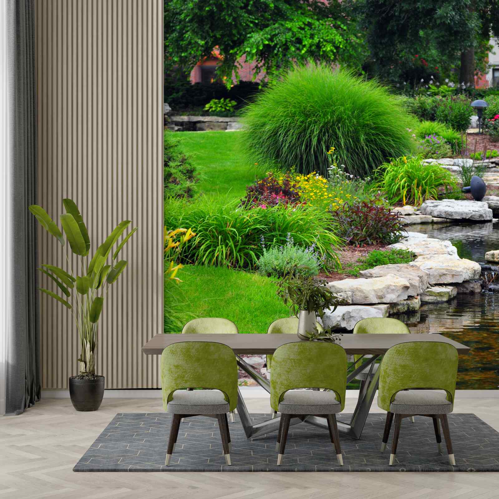 Fototapet flori lângă un iaz în grădină