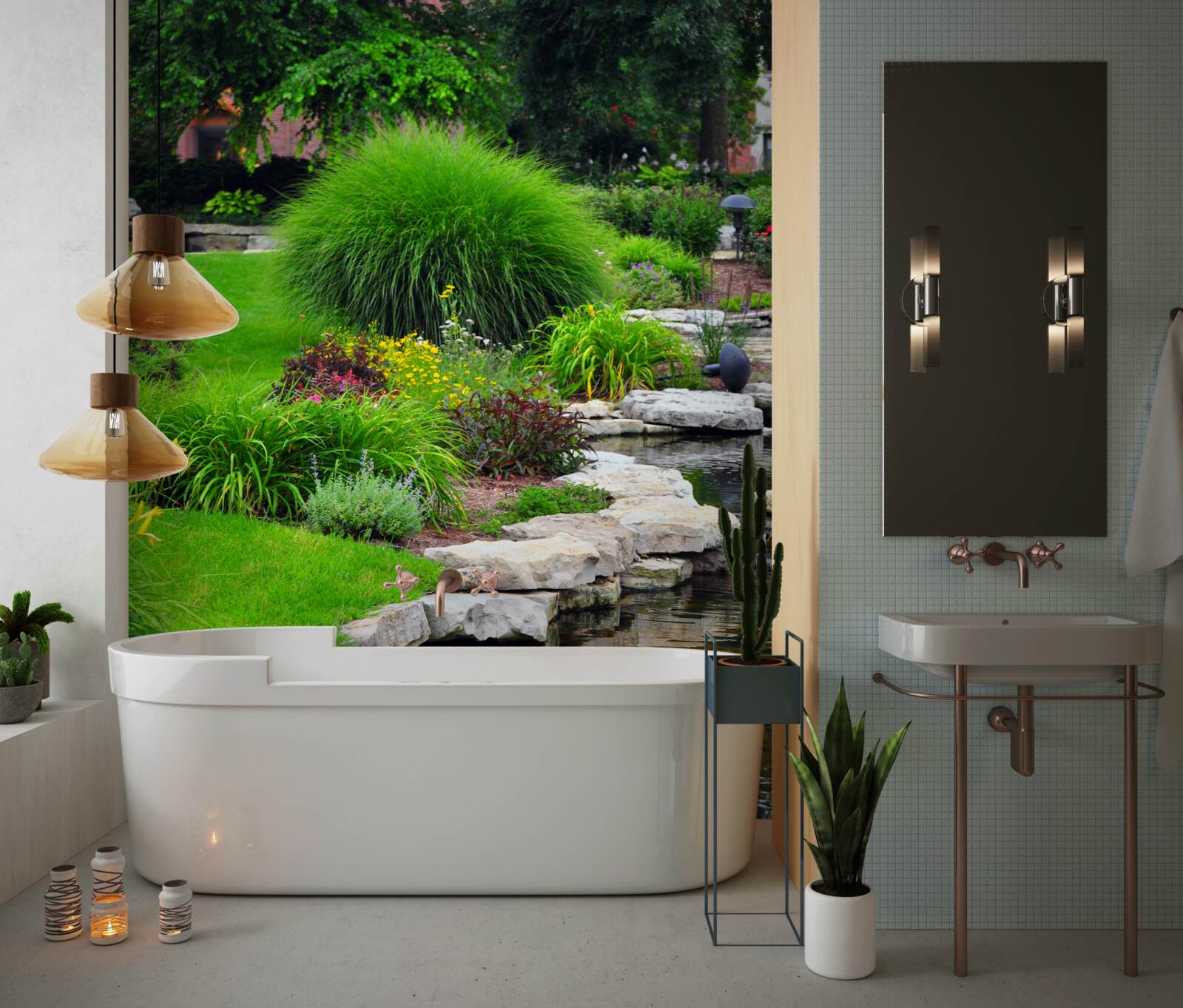 Fototapet flori lângă un iaz în grădină