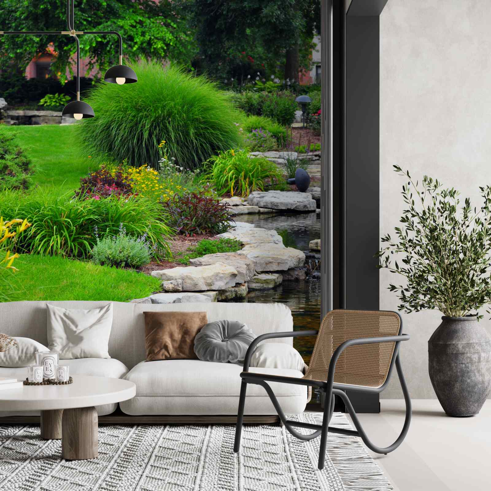 Fototapet flori lângă un iaz în grădină