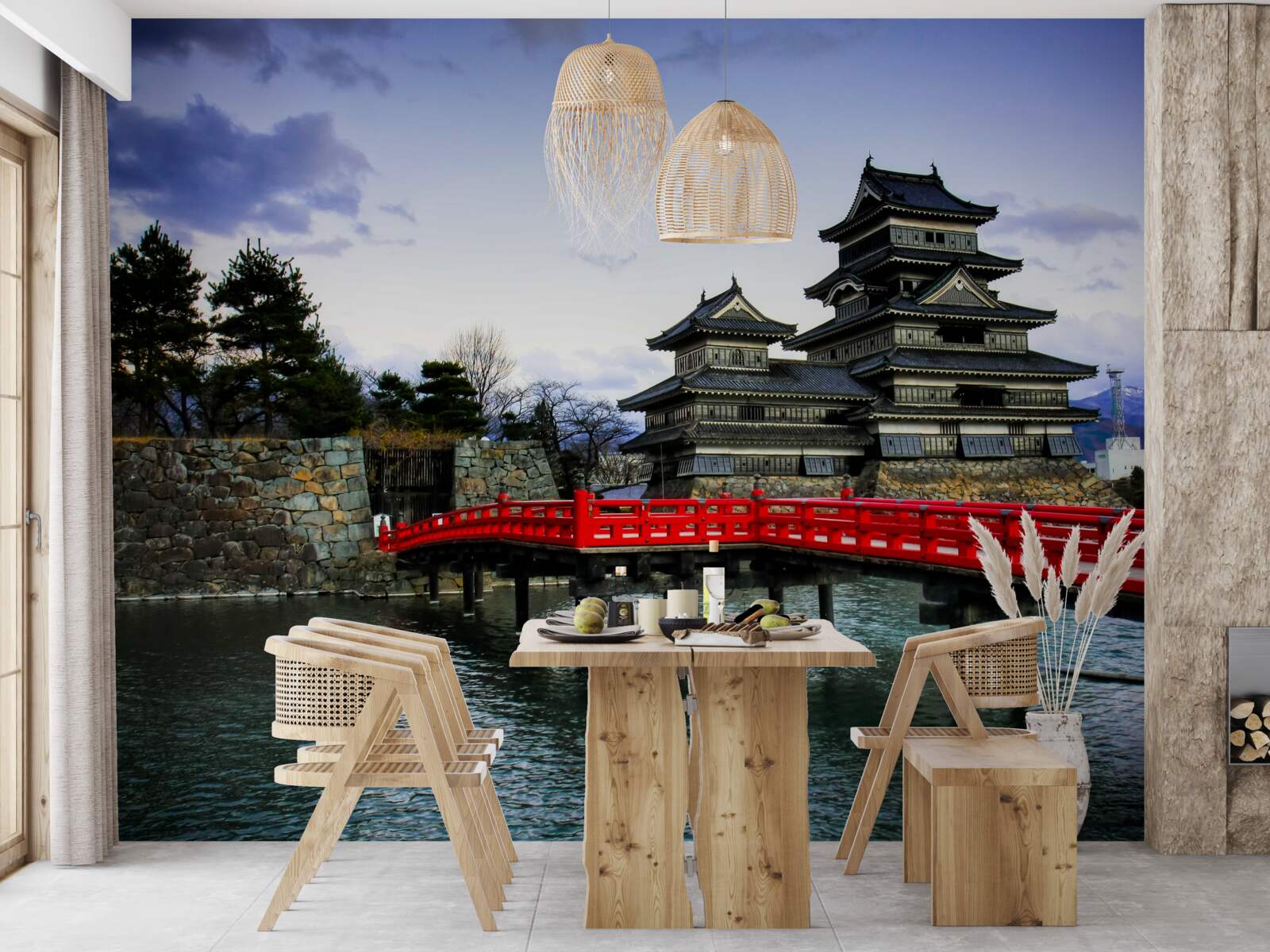 Fototapet în japonia, un pod roșu traversează un râu